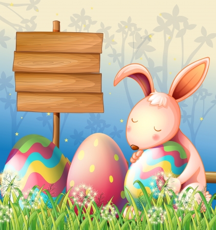 Illustration of a bunny in the woods and the empty boardのイラスト素材