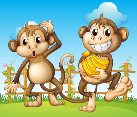Illustration of two monkeys with banana inside the fenceのイラスト素材