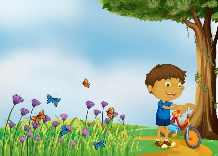 Illustration of a boy with his bike in the hillsのイラスト素材