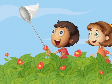 Illustration of butterfly catchers in the gardenのイラスト素材
