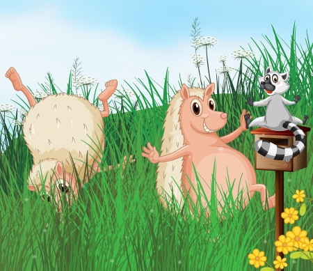 Illustration of wild animals playing in the hills with a mailboxのイラスト素材