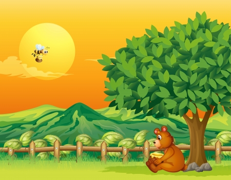 Illustration of a bear sitting under a big treeのイラスト素材