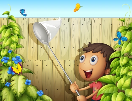 Illustration of a butterfly catcher inside a yard with fenceのイラスト素材