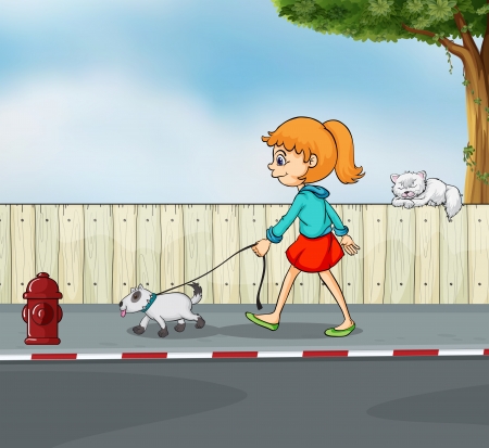 Illustration of a girl strolling with her petのイラスト素材