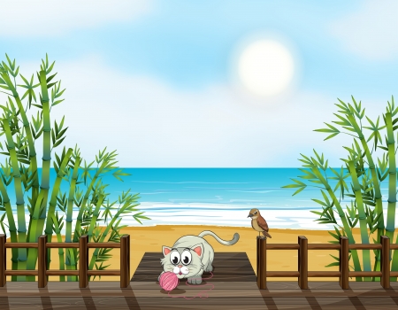 Illustration of a cat and a bird at the bridgeのイラスト素材
