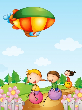 Illustration of three kids playing below an airshipのイラスト素材