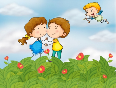Illustration of a couple in the garden with Mr. Cupidのイラスト素材