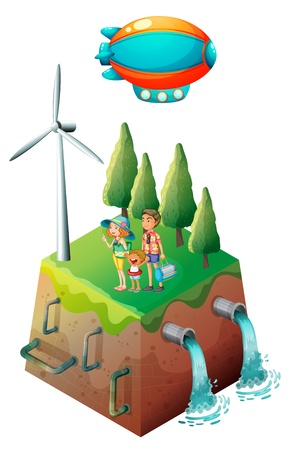 Illustration of a family near a windmill on a white backgroundのイラスト素材