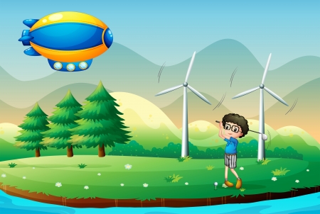 Illustration of a boy playing golf in the field with windmillsのイラスト素材