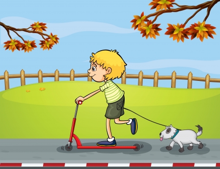 Illustration of a boy riding with his scooter followed by his petのイラスト素材