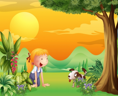 Illustration of a girl playing with a dog のイラスト素材