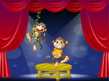 Illustration of two monkeys performing on the stageのイラスト素材