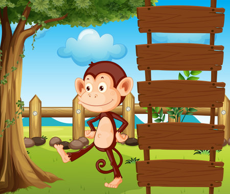 Illustration of a monkey beside a wooden signageのイラスト素材