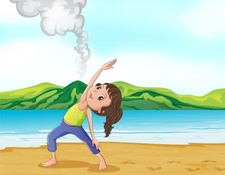 Illustration of a girl exercising near the volcanoのイラスト素材