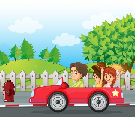 Illustratio of a young gentlemen driving a car with two ladies at the backのイラスト素材