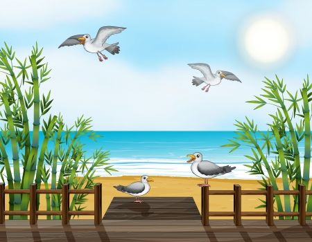 Illustration of a flock of birds at the bridgeのイラスト素材