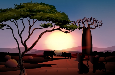 Illustration of a dark view of nature with animalsのイラスト素材