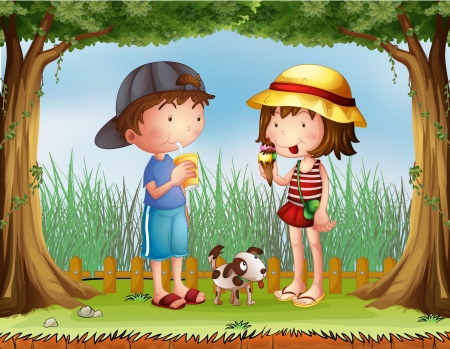 Illustration of a boy with a glass of juice and a girl with an ice creamのイラスト素材