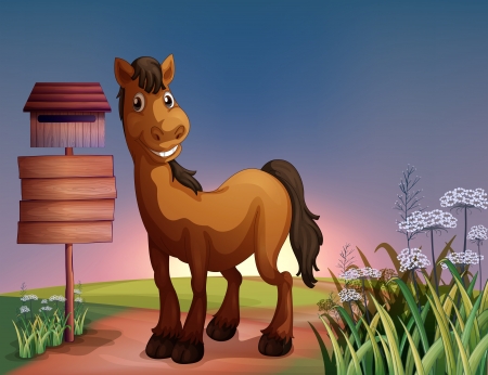 Illustration of a horse near the wooden signboard and mailboxのイラスト素材