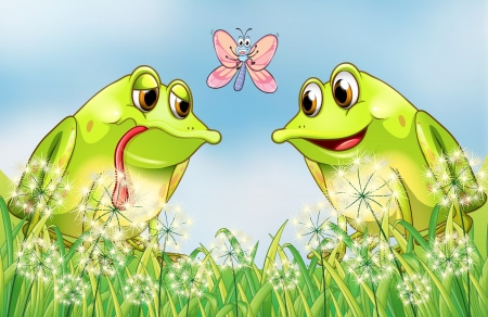 Illustration of two frogs and a butterfly at the gardenのイラスト素材
