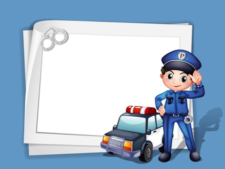 Illustration of a policeman beside a police car on a blue backgroundのイラスト素材