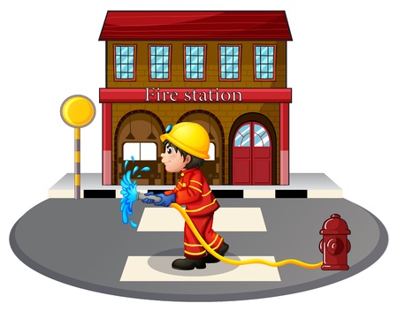 Illustration of a fireman holding a hose on a white backgroundのイラスト素材