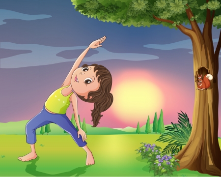 Illustration of a girl exercising near a tree with squirrelのイラスト素材