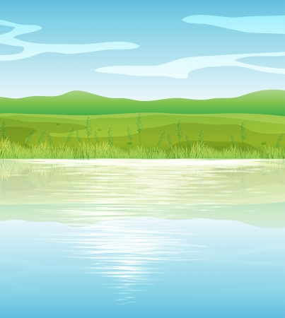 Illustration of a calm blue lakeのイラスト素材