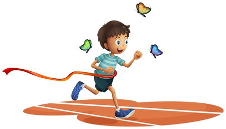 Illustration of a boy running with three butterflies on a white backgroundのイラスト素材