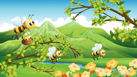 Illustration of bees near the mountainのイラスト素材
