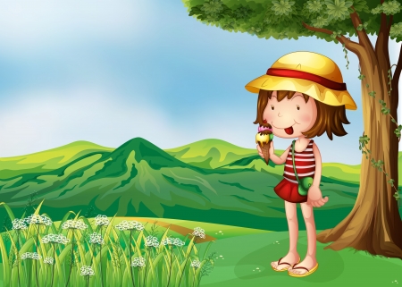 Illustration of a girl eating an icecream at the top of the hillsのイラスト素材