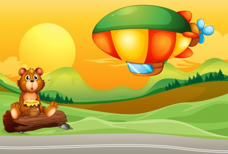Illustration of a bear near the road and an airshipのイラスト素材