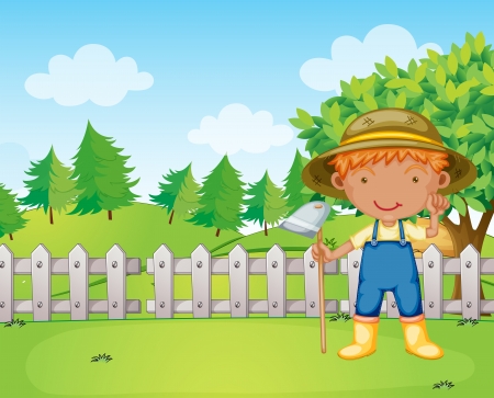 Illustration of a boy holding a rakeのイラスト素材
