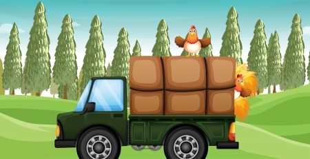 Illustration of a chicken ebove a truckのイラスト素材