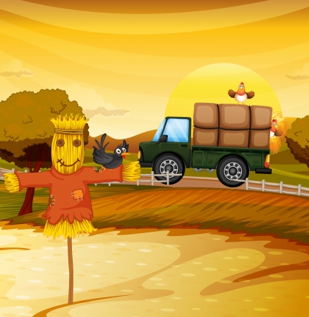 Illustration of a scarecrew at the farm with a black birdのイラスト素材