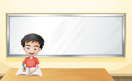 Illustration of a boy writing on a paper with a blank boardのイラスト素材