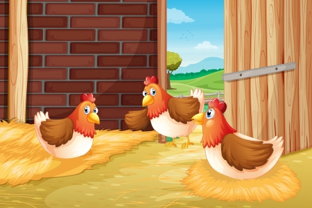 Illustration of three chickens nesting のイラスト素材