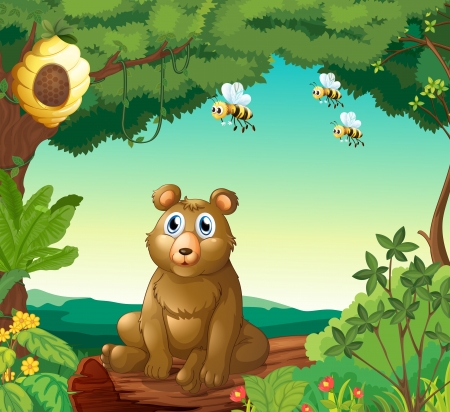 Illustration of a bear and the three bees in the forestのイラスト素材