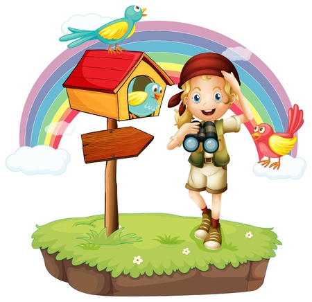 Illustration of a girl holding a telescope with three birds on a white backgroundのイラスト素材