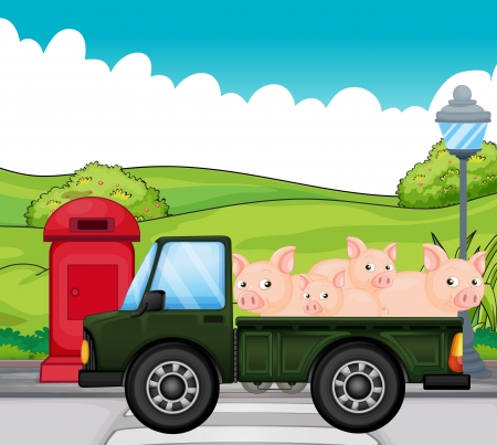 Illustration of a green vehicle with pigs at the backのイラスト素材