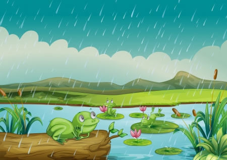 Illustration of the three frogs enjoying the raindropsのイラスト素材