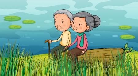 Illustration of two old people sitting near the lakeのイラスト素材