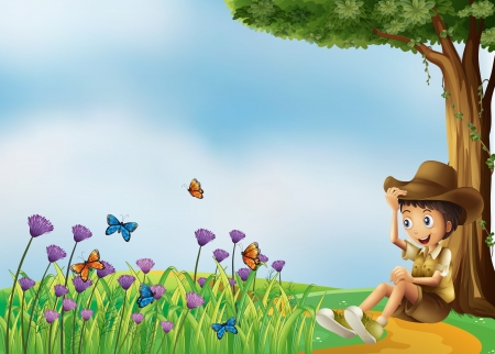 Illustration of a young man resting in front of the butterfliesのイラスト素材