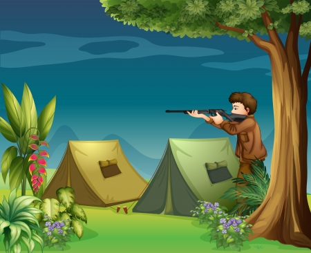 Illustration of a hunter in a campsiteのイラスト素材