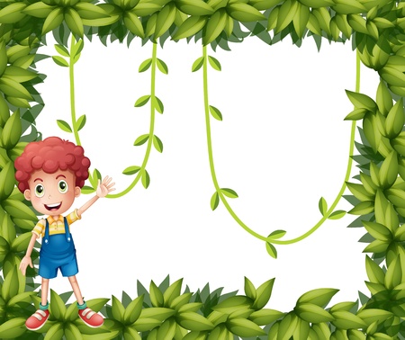 Illustration of a boy showing the leafy frame with vine plantsのイラスト素材