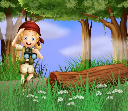 Illustration of a girl with a telescope inside the forestのイラスト素材