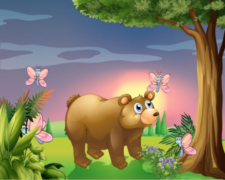 Illustration of a bear under the tree with four butterfliesのイラスト素材