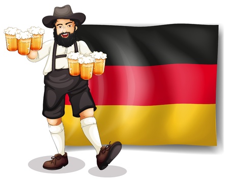 Illustration of a man holding a beer in front of a flag on a white backgroundのイラスト素材