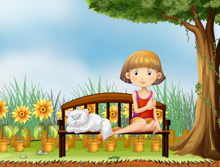 Illustration of a girl with a cat in the gardenのイラスト素材