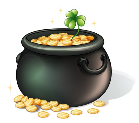 Illustration of a black pot with coins on a white backgroundのイラスト素材